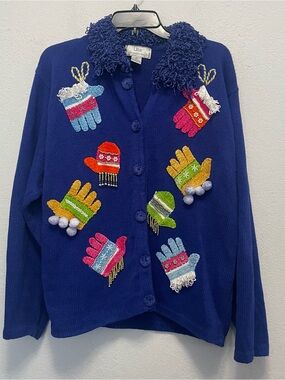 Lisa International sweater XL Knit Christmas Mittens holiday novelty VTG Beads